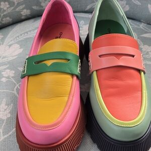 Charlotte Stone Adam Mismatched Lug Sole Penny Loafers in the Solimar colorway.